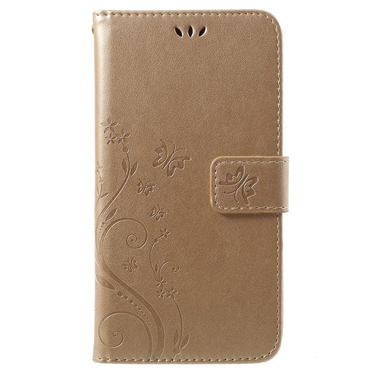 Imprint Butterfly Flower Leather Wallet Stand Phone Casing for Huawei P Smart / Enjoy 7S - Gold
