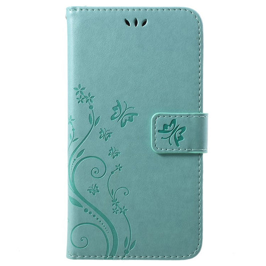 Imprint Butterfly Flower Leather Wallet Stand Mobile Cover for Huawei P Smart / Enjoy 7S - Cyan