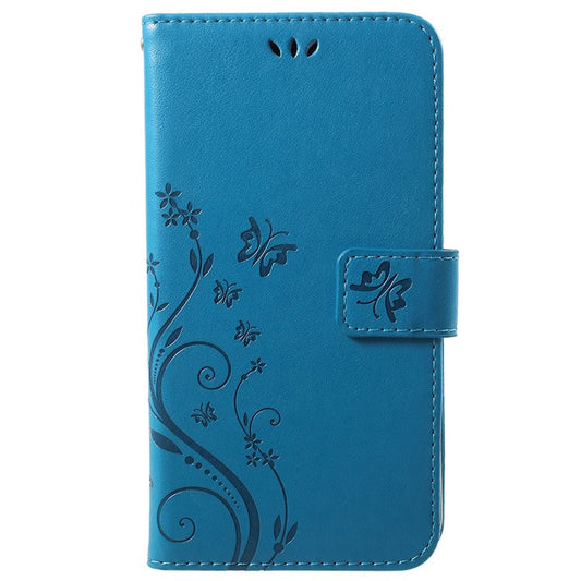 Imprint Butterfly Flower Leather Wallet Stand Protective Case for Huawei P Smart / Enjoy 7S - Blue