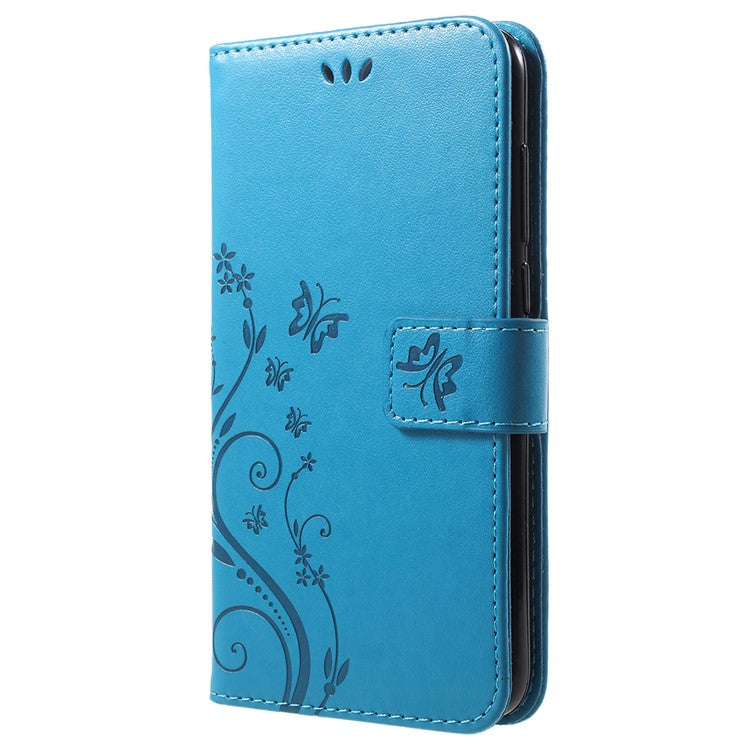 Imprint Butterfly Flower Leather Wallet Stand Protective Case for Huawei P Smart / Enjoy 7S - Blue