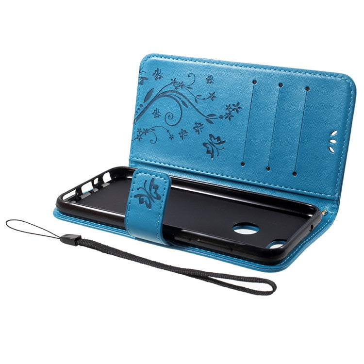 Imprint Butterfly Flower Leather Wallet Stand Protective Case for Huawei P Smart / Enjoy 7S - Blue
