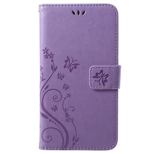 Imprint Butterfly Flower Leather Wallet Stand Protection Cover for Huawei P Smart / Enjoy 7S - Light Purple