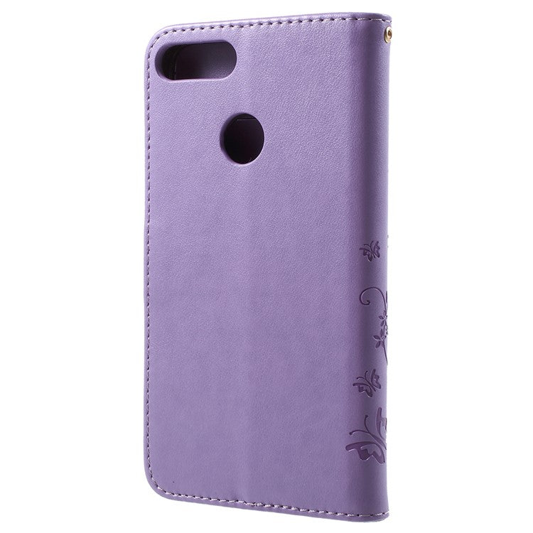 Imprint Butterfly Flower Leather Wallet Stand Protection Cover for Huawei P Smart / Enjoy 7S - Light Purple