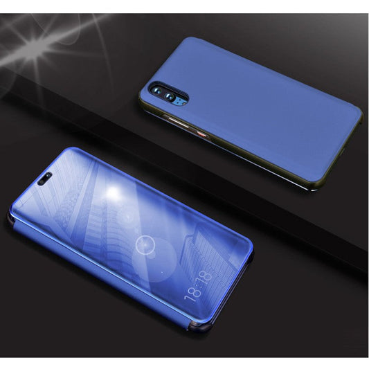 Electroplating Mirror Surface View Window Leather Stand Shell for Huawei P20 Pro - Blue