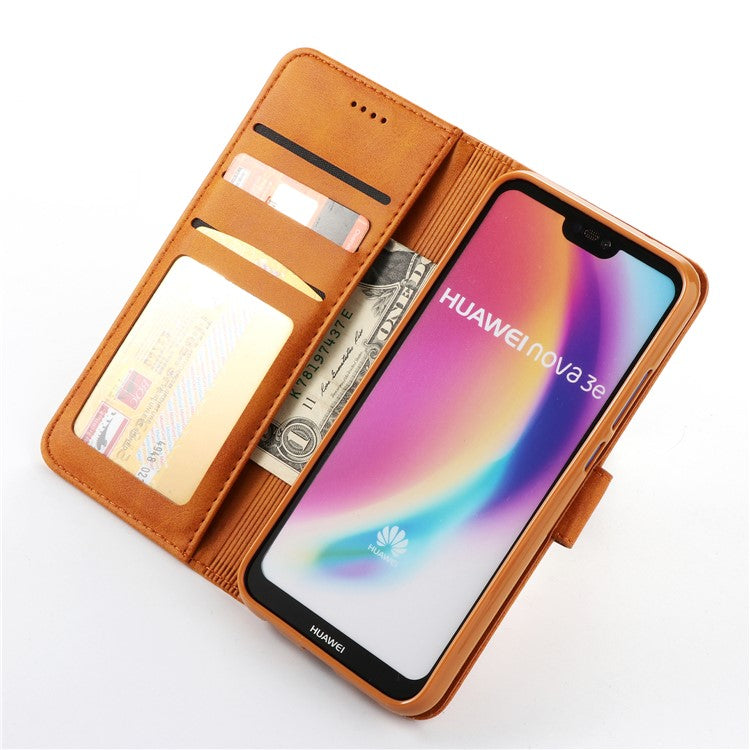 LC.IMEEKE Leather Mobile Phone Case for Huawei P20 Lite/Nova 3e with Reversible Magnetic Clasp Wallet Stand Functions  - Brown