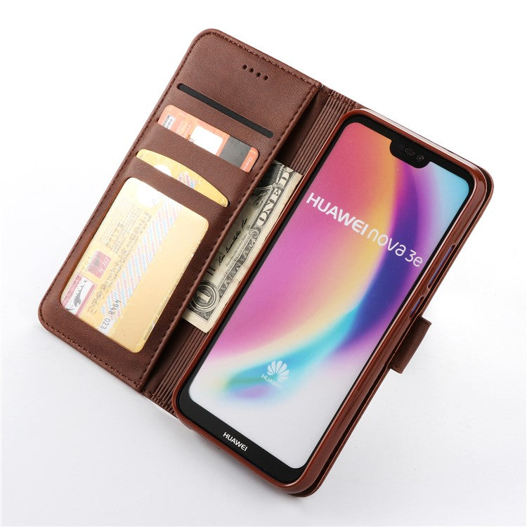 LC.IMEEKE Leather Mobile Phone Case for Huawei P20 Lite/Nova 3e with Reversible Magnetic Clasp Wallet Stand Functions  - Coffee