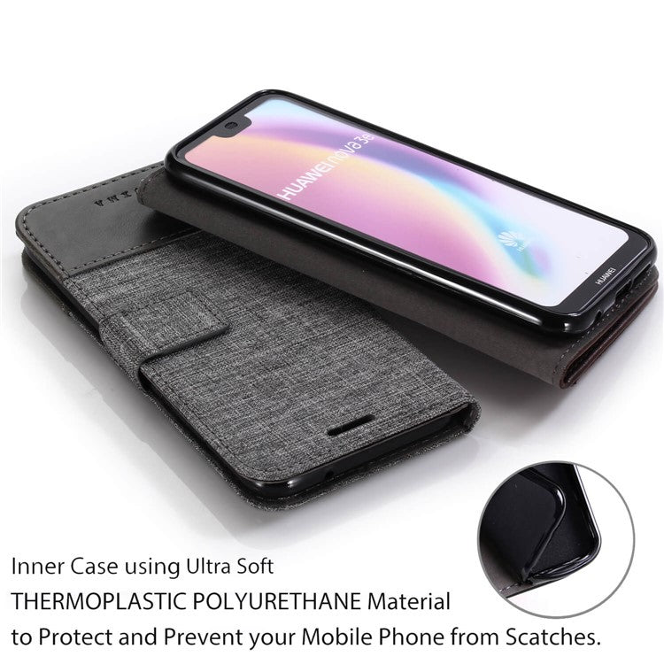MUXMA Leather Canvas Splicing Stand Mobile Cover for Huawei P20 Lite/Nova 3e - Grey