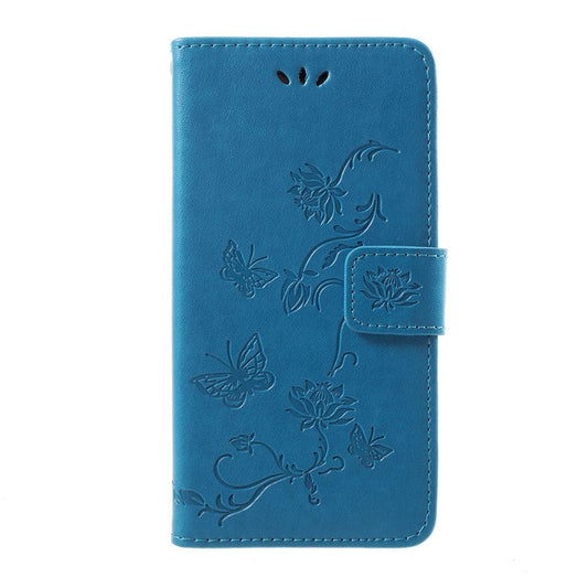 Imprint Butterfly Flowers Wallet Leather Stand Cover for Huawei Honor 10 - Blue