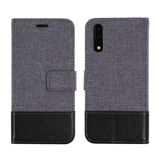 MUXMA Leather Canvas Splicing Stand Mobile Casing for Huawei P20 - Black