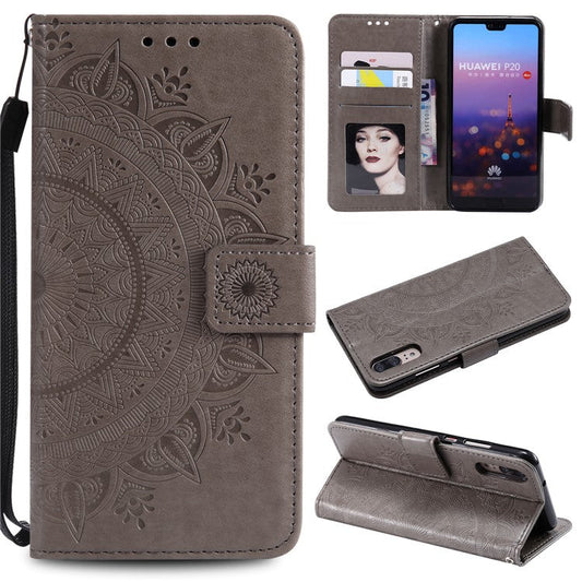 Imprint Mandala Flower Stand Wallet Leather Cover for Huawei P20 - Grey