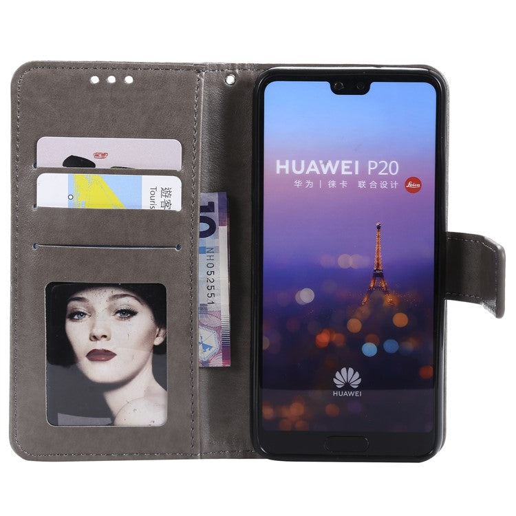 Imprint Mandala Flower Stand Wallet Leather Cover for Huawei P20 - Grey