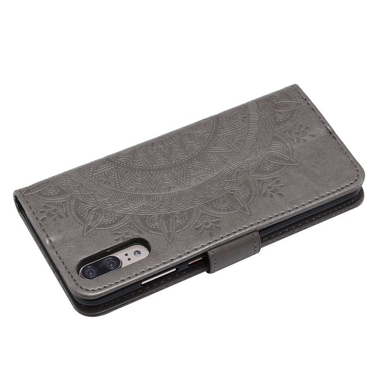 Imprint Mandala Flower Stand Wallet Leather Cover for Huawei P20 - Grey