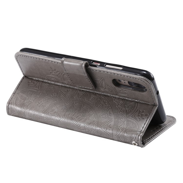 Imprint Mandala Flower Stand Wallet Leather Cover for Huawei P20 - Grey