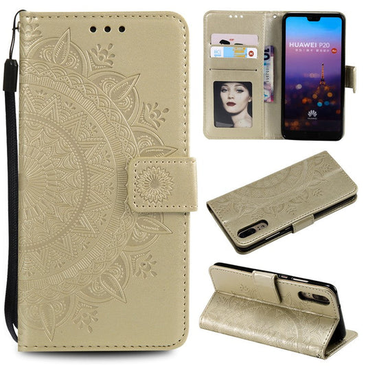 Imprint Mandala Flower Stand Wallet Leather Mobile Phone Case for Huawei P20 - Gold