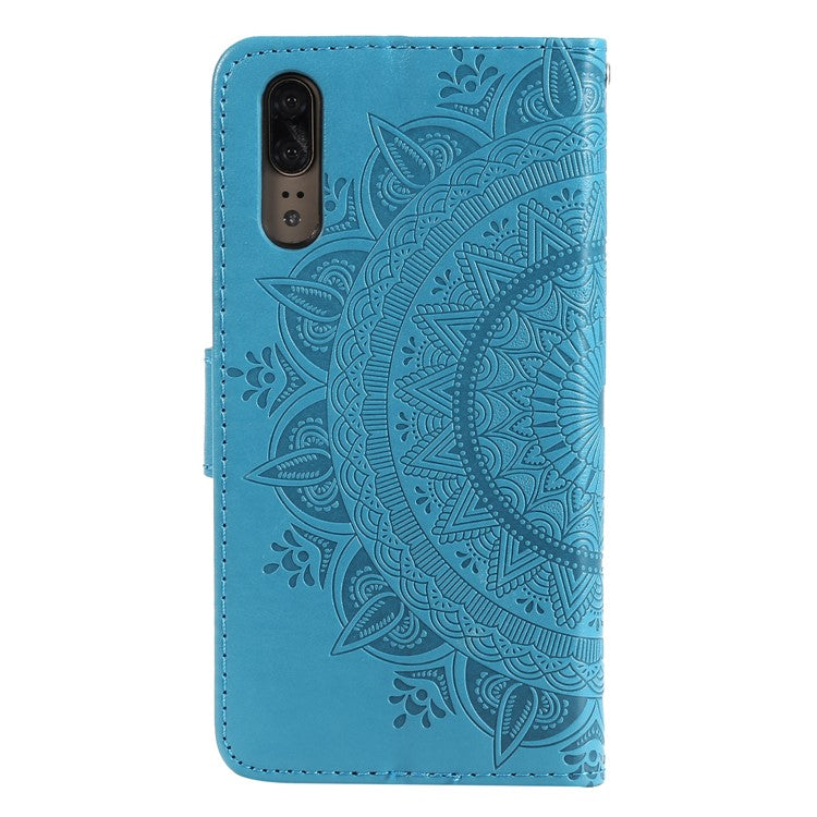 Imprint Mandala Flower Stand Wallet Leather Protective Case for Huawei P20 - Blue