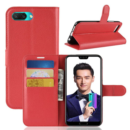 Litchi Texture Wallet Stand Leather Mobile Shell for Huawei Honor 10 - Red