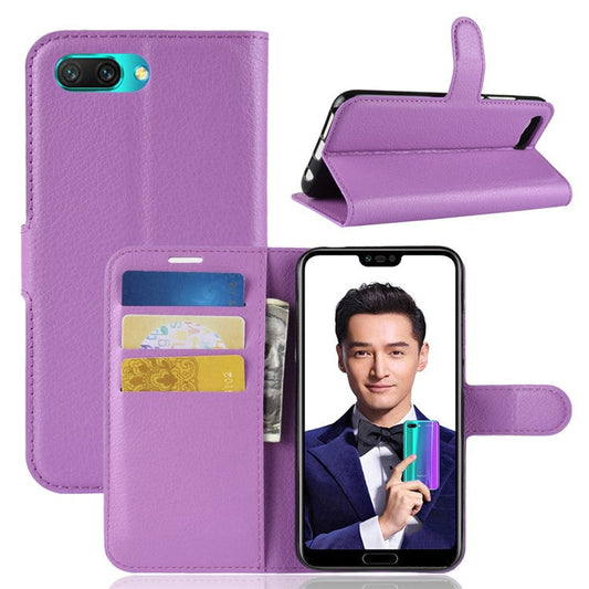 Litchi Texture Wallet Stand Leather Mobile Casing Shell for Huawei Honor 10 - Purple