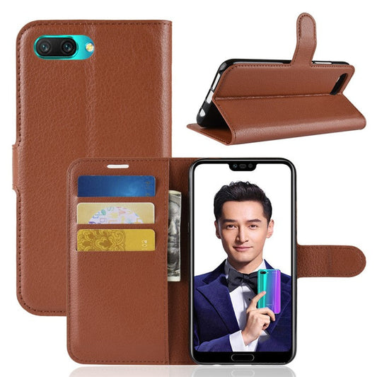 Litchi Texture Wallet Stand Leather Cover Protector for Huawei Honor 10 - Brown
