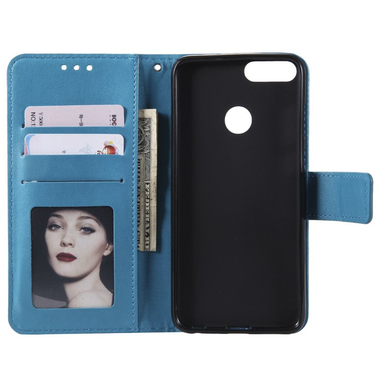 Imprint Butterfly Flower Phone Leather Wallet Case for Huawei P Smart / Enjoy 7S - Blue