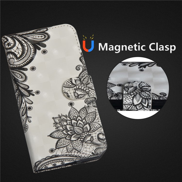 Pattern Printing Magnetic Leather Wallet Case for Huawei P20 Lite / Nova 3e - Black Flower
