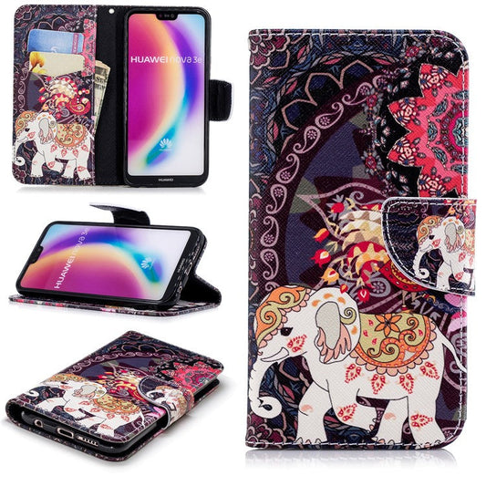 Patterned Leather Wallet Stand Mobile Case for Huawei P20 Lite / Nova 3e - Elephant and Peacock