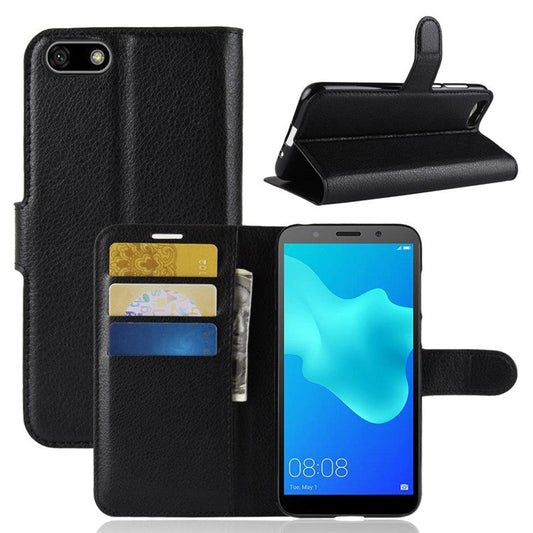 Litchi Skin Wallet Leather Stand Case for Huawei Y5 Prime (2018) / Y5 (2018) - Black