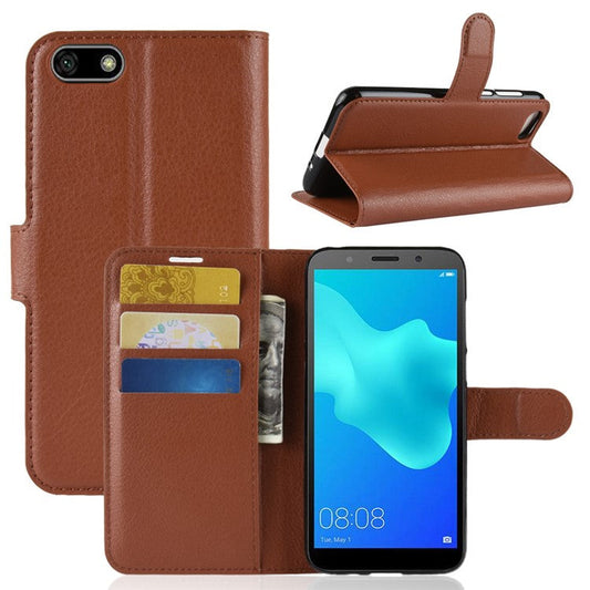 Litchi Skin Leather Wallet Case Cover for Huawei Y5 Prime (2018) / Y5 (2018) - Brown