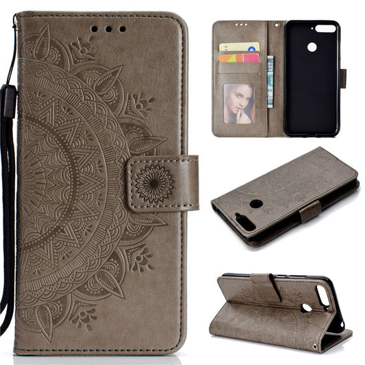Imprint Mandala Flower  Leather Wallet Flip Casing for Huawei Y6 (2018) / Honor 7A (without Fingerprint Sensor) - Grey