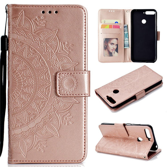Imprint Mandala Flower  Leather Wallet Flip Cover for Huawei Y6 (2018) / Honor 7A (without Fingerprint Sensor) - Rose Gold
