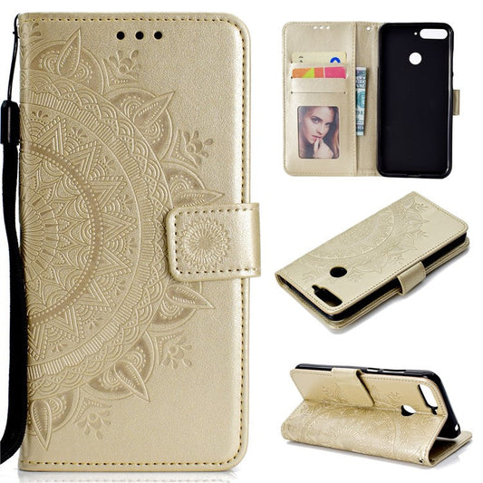 Imprint Mandala Flower  Leather Wallet Flip Case Cover for Huawei Y6 (2018) / Honor 7A (without Fingerprint Sensor) - Gold
