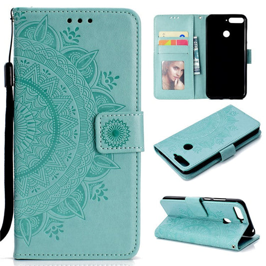 Imprint Mandala Flower  Leather Wallet Flip Casing Cover for Huawei Y6 (2018) / Honor 7A (without Fingerprint Sensor) - Cyan