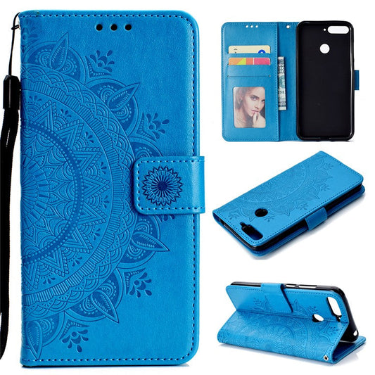 Imprint Mandala Flower  Leather Wallet Flip Case Shell for Huawei Y6 (2018) / Honor 7A (without Fingerprint Sensor) - Blue
