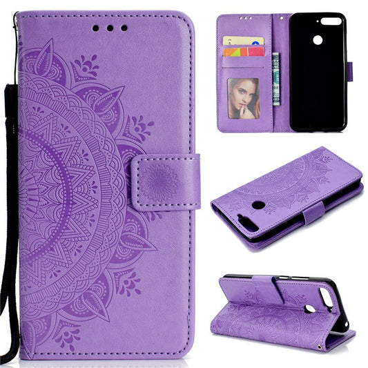 Imprint Mandala Flower  Leather Wallet Flip Phone Shell for Huawei Y6 (2018) / Honor 7A (without Fingerprint Sensor) - Purple