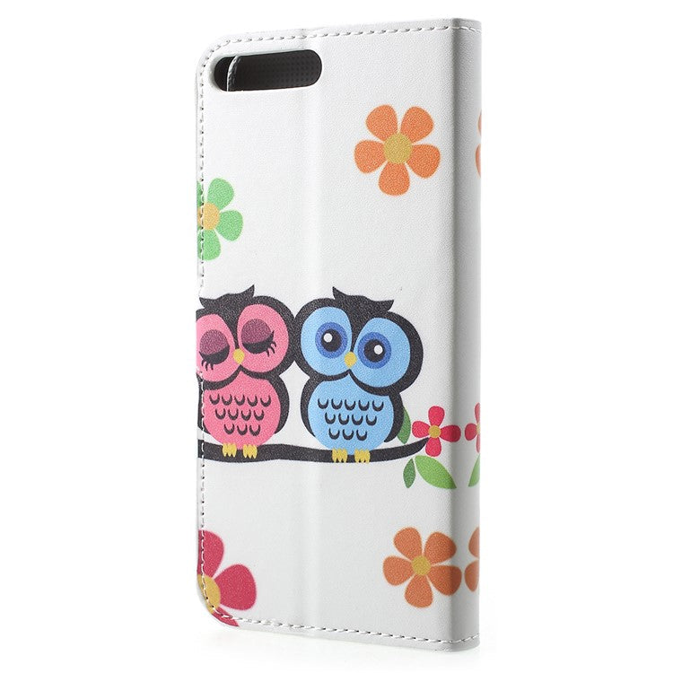 Pattern Printing PU Leather Flip Wallet Stand Case for Huawei Y6 (2018)/Honor 7A (without Fingerprint Sensor) - Owl Couple