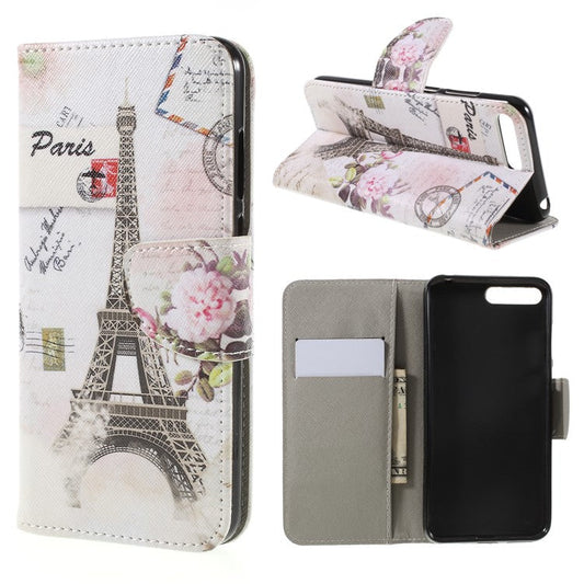 Cross Texture Patterned Leather Wallet Stand Cover for Huawei Y6 (2018) / Honor 7A (without Fingerprint Sensor) - Eiffel Tower and Flower