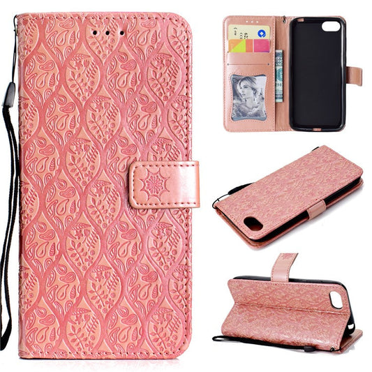 Imprint Leaf Leather Stand Wallet Phone Shell for Huawei Y5 (2018) / Y5 Prime (2018) / Honor 7s / Play 7 - Pink