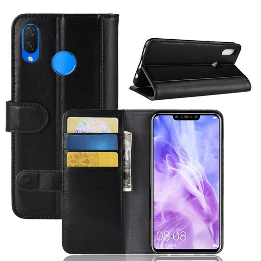Genuine Split Leather Wallet Stand Case for Huawei nova 3 - Black