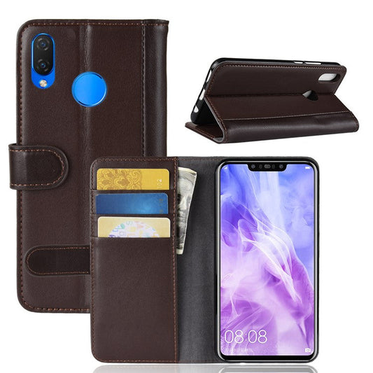 Genuine Split Leather Wallet Stand Cover for Huawei nova 3 - Brown