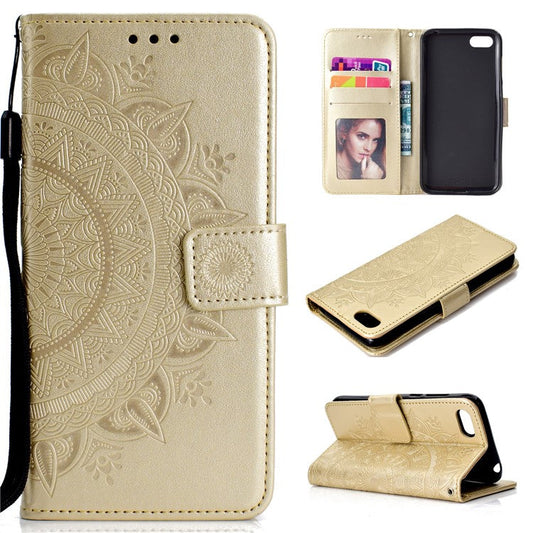 Imprinted Mandala Pattern Wallet Leather Mobile Casing for Huawei Y5 (2018) / Y5 Prime (2018) / Honor Play 7 / Honor 7s - Gold