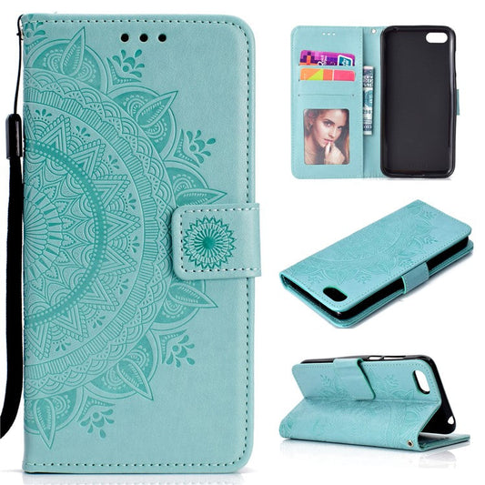 Imprinted Mandala Pattern Wallet Leather Mobile Phone Case for Huawei Y5 (2018) / Y5 Prime (2018) / Honor Play 7 / Honor 7s - Cyan