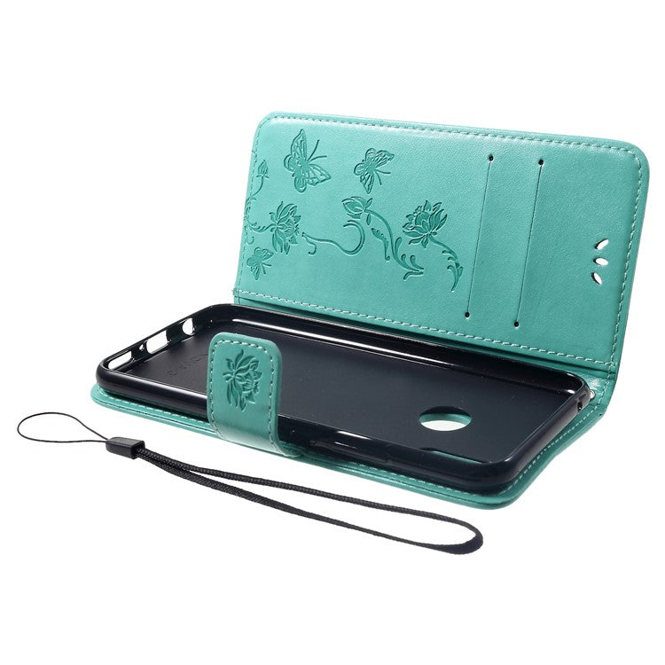 Imprint Butterfly Flower PU Leather Phone Cover Stand Wallet Case for Huawei nova 3i / P Smart Plus - Cyan