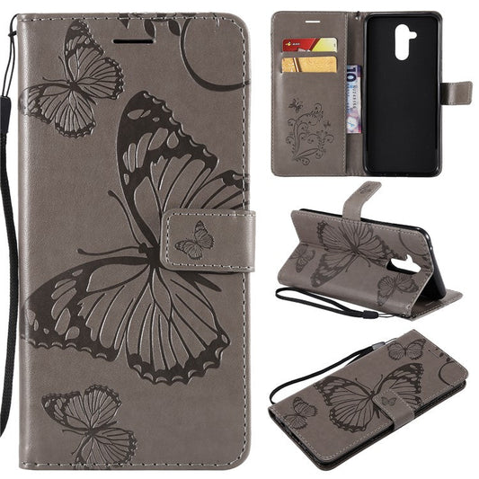 KT Imprinting Flower Series-2 Imprint Butterfly Flower Leather Wallet Magnetic Stand Cover for Huawei Mate 20 Lite - Grey