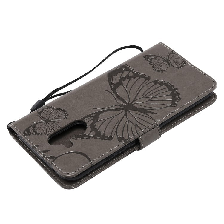 KT Imprinting Flower Series-2 Imprint Butterfly Flower Leather Wallet Magnetic Stand Cover for Huawei Mate 20 Lite - Grey
