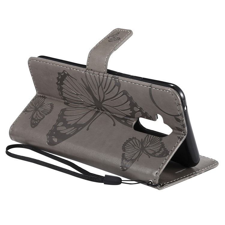 KT Imprinting Flower Series-2 Imprint Butterfly Flower Leather Wallet Magnetic Stand Cover for Huawei Mate 20 Lite - Grey