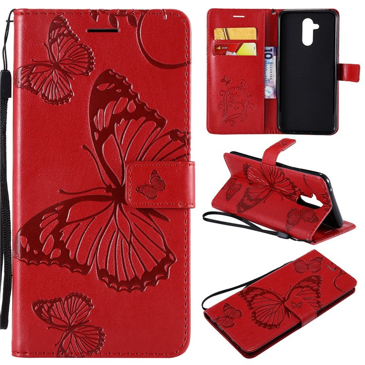 KT Imprinting Flower Series-2 Imprint Butterfly Flower Leather Wallet Magnetic Stand Cover for Huawei Mate 20 Lite - Red