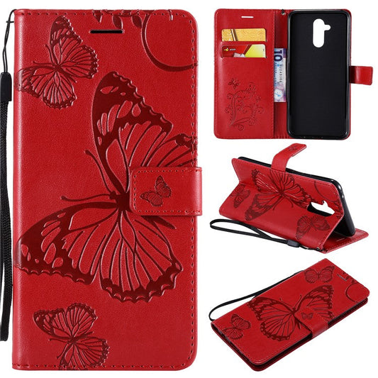 KT Imprinting Flower Series-2 Imprint Butterfly Flower Leather Wallet Magnetic Stand Cover for Huawei Mate 20 Lite - Red