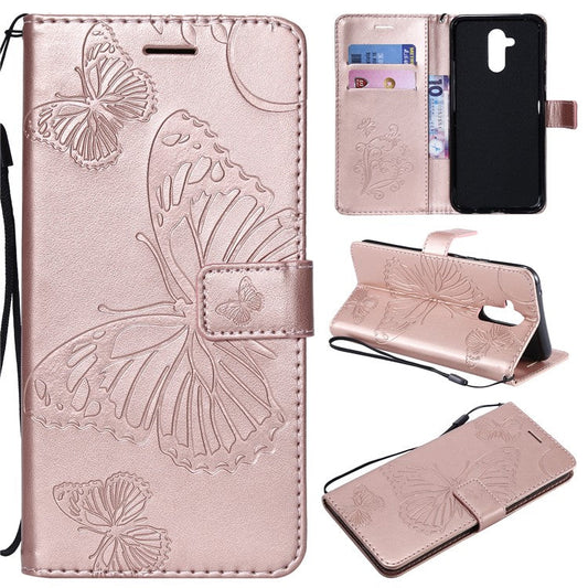 KT Imprinting Flower Series-2 Imprint Butterfly Flower Leather Wallet Magnetic Stand Cover for Huawei Mate 20 Lite - Rose Gold
