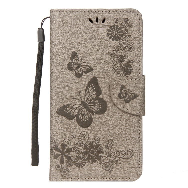 Imprint Butterfly Flower Wallet Leather Cover with Strap for Huawei Mate 20 Lite / Maimang 7 - Grey