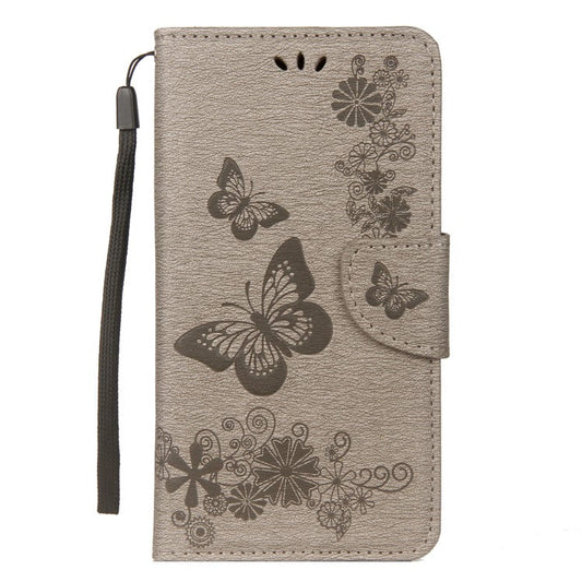 Imprint Butterfly Flower Wallet Leather Cover with Strap for Huawei Mate 20 Lite / Maimang 7 - Grey