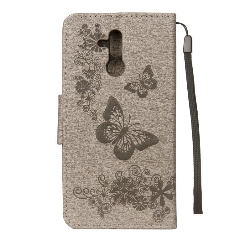 Imprint Butterfly Flower Wallet Leather Cover with Strap for Huawei Mate 20 Lite / Maimang 7 - Grey